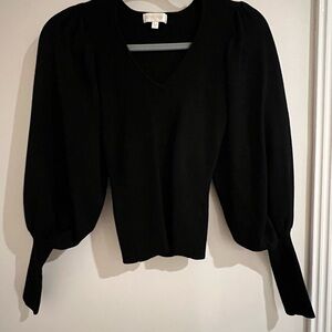 Black V-Neck Sweater with Puff Sleeves